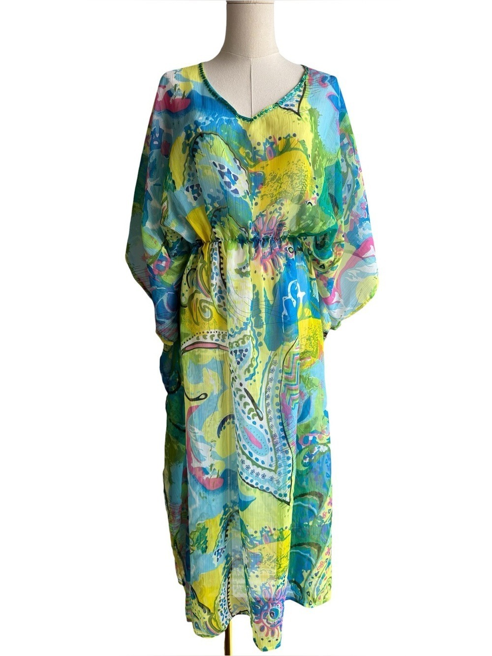 Retro Sheer Paisley Maxi Muumuu Dress L/XL Green Multicolour Swim Cover Breezy